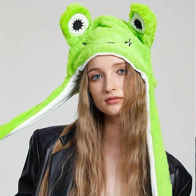 image-Cute Animal Moving Ear Hat Cute Panda Dog Frog Puppy Plush Hats Halloween Cosplay Party Earflap Hat For Women