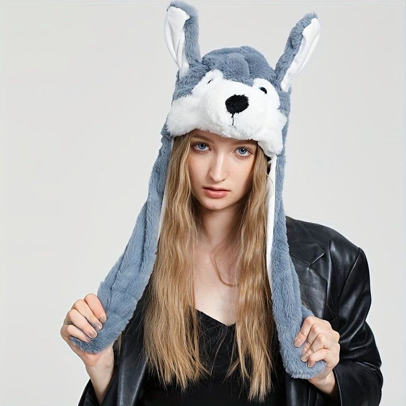 image-Cute Animal Moving Ear Hat Cute Panda Dog Frog Puppy Plush Hats Halloween Cosplay Party Earflap Hat For Women