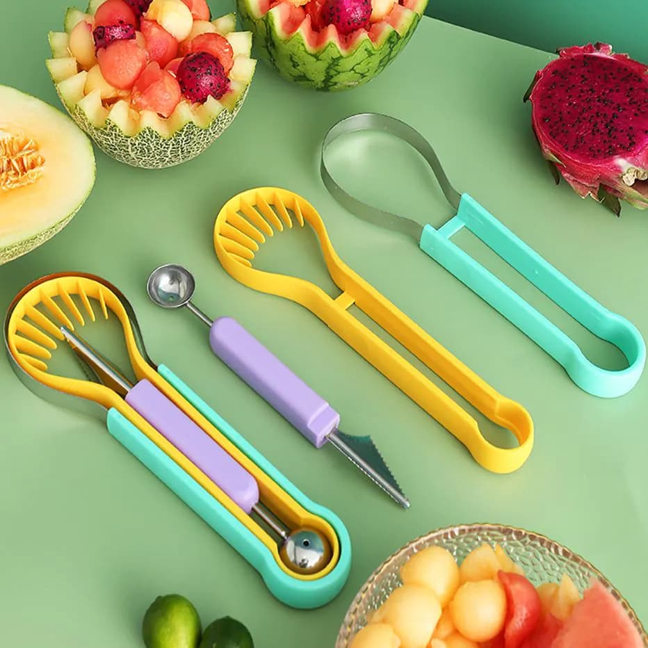 image-3-in-1 Fruit Digger Fruit Carving Knife Set Cutter Fruit Platter Separator Kitchen Gadgets Watermelon Ice Cream Baller Scoop