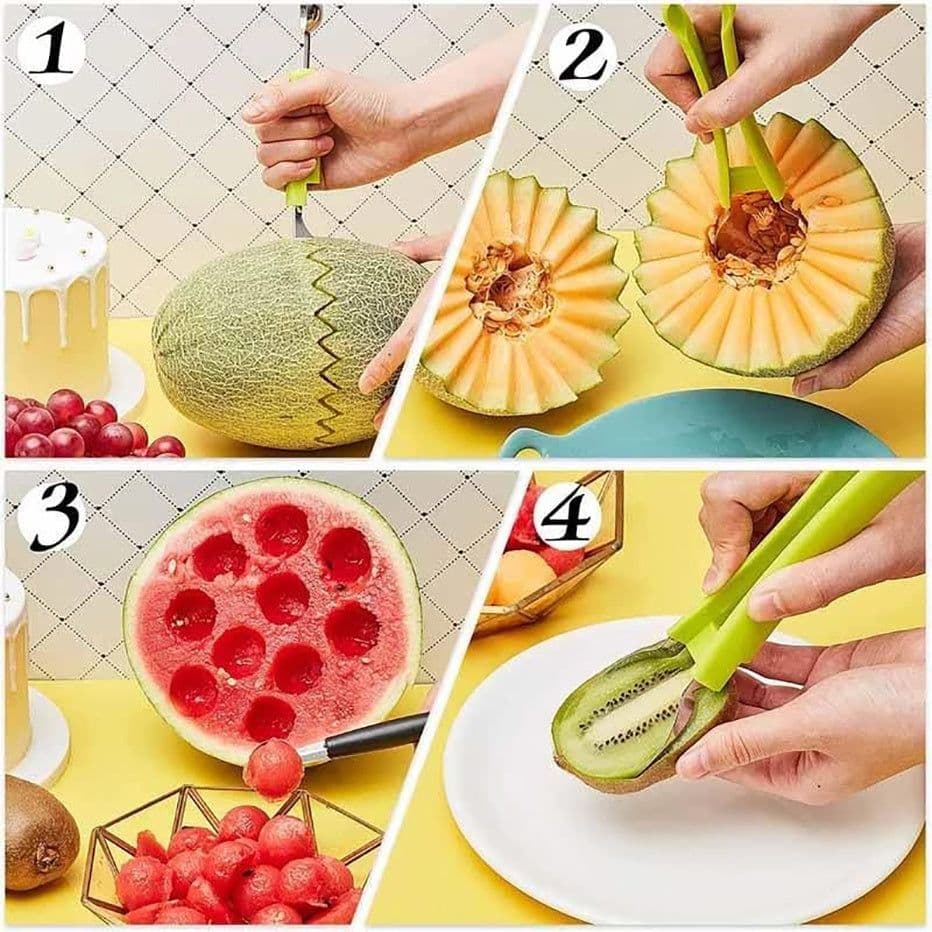 image-3-in-1 Fruit Digger Fruit Carving Knife Set Cutter Fruit Platter Separator Kitchen Gadgets Watermelon Ice Cream Baller Scoop