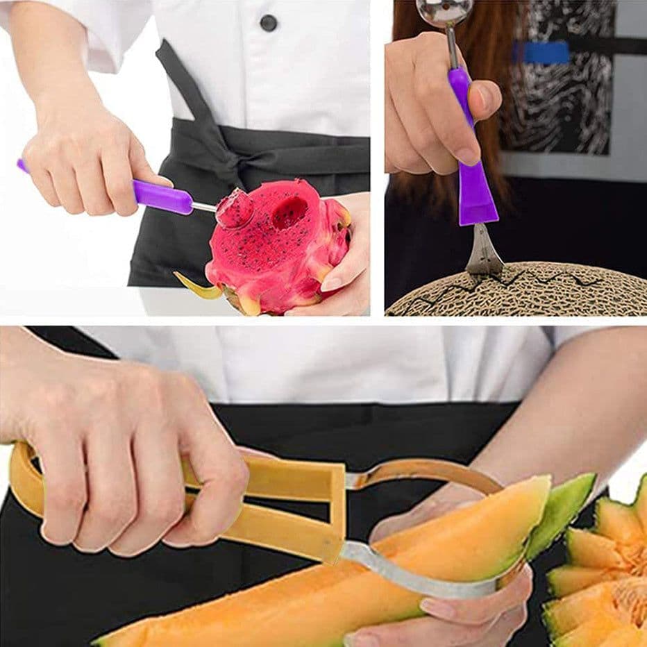 image-3-in-1 Fruit Digger Fruit Carving Knife Set Cutter Fruit Platter Separator Kitchen Gadgets Watermelon Ice Cream Baller Scoop