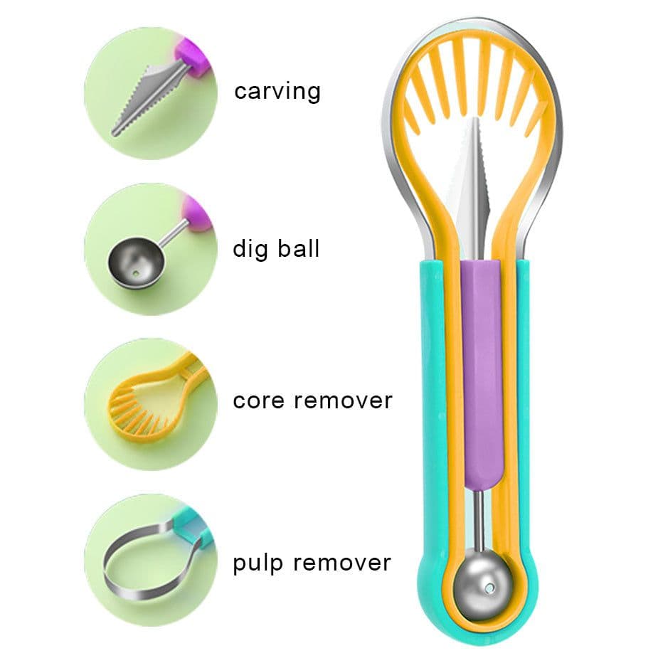 image-Professional 4 In 1 Stainless Steel Watermelon Cutter Fruit Carving Tools Set,Fruit Scooper Seed Remover Watermelon Knife For Dig Pulp Separator Fruit Slicer, Melon Baller Scoop Set