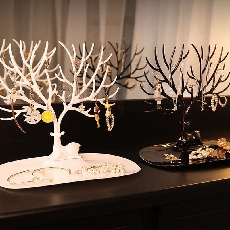 image-Deer Jewelry Display Stand Earrings Necklace Ring Jewelry Display Tray Jewelr Crystal Handle Antlers Jewelry Display Stand With Storage Drawer And Tray, Tree Tower Rack Hanging Organizer