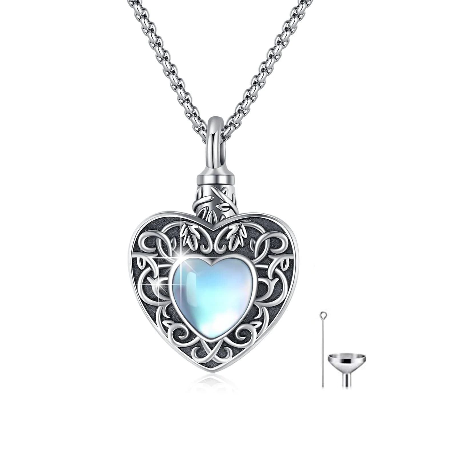 image-Heart Urn Necklace 925 Silver Moonstone Ashes Necklace Cremation Jewelry