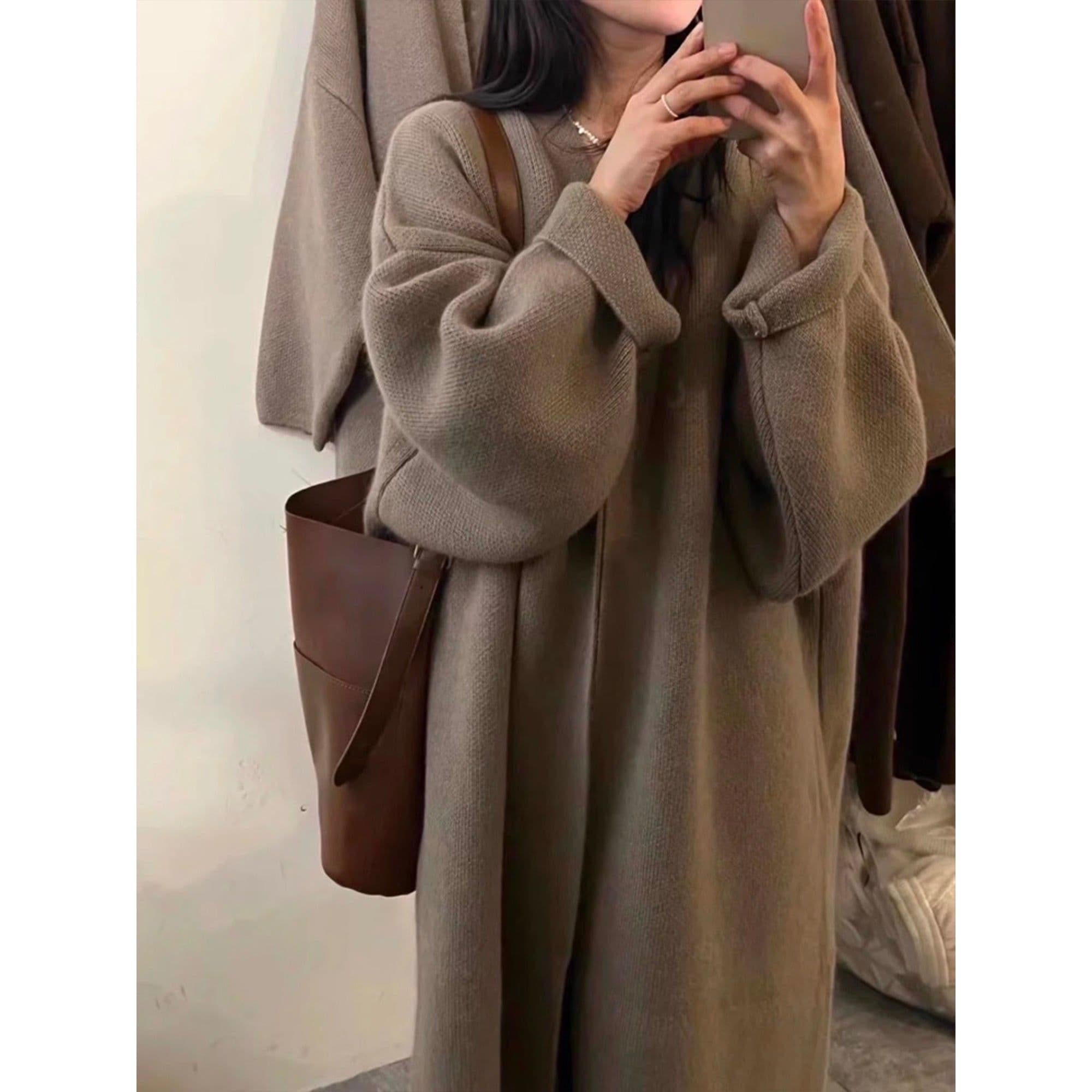 image-Khaki Knitted Cardigan Sweater, Womens Coat, Long Cardigan, Wool Coat, Cozy Style Loose, Plus Size Maxi Coat, Office Outfits, Fall Clothing