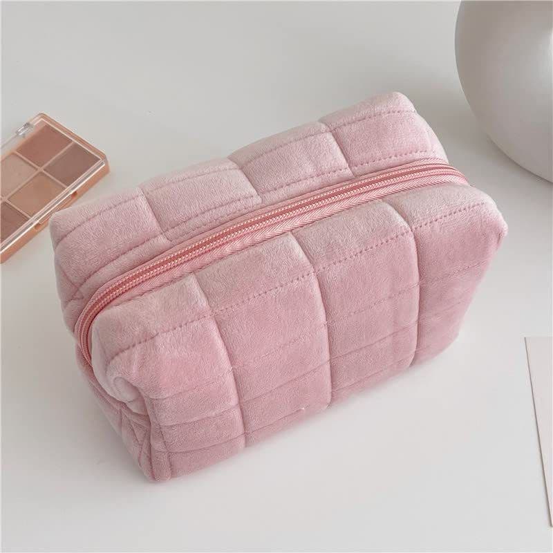image-Plush Makeup Bag Checkered Cosmetic Bag Cosmetic Travel Bag Large Zipper Travel Toiletry Bag Portable Multi Functional Capacity Bag Cute Makeup Brushes Storage Bag For Women