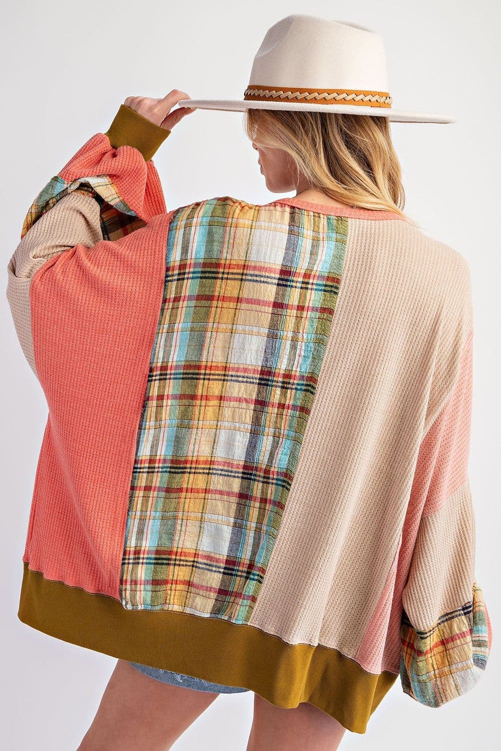 image-Plaid Patchwork Side Slits Loose Multicolour Sweatshirt