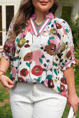 image-Pink V Neck Puff Sleeve Plus Size Floral Blouse