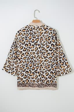 image-Khaki Mixed Leopard Patchwork 3/4 Sleeve Loose Shirt