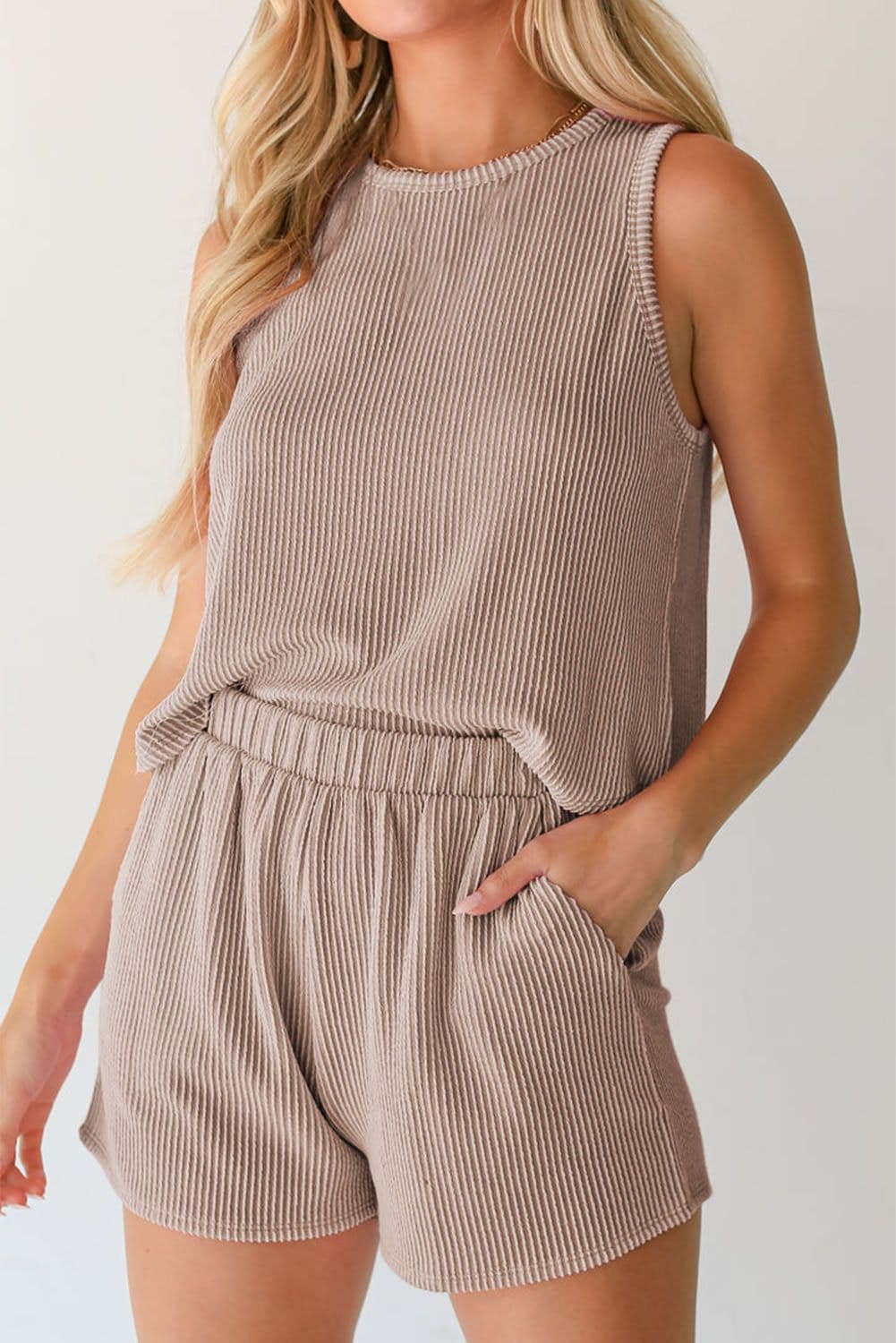 image-Smoke Gray Corded Sleeveless Top and Shorts Set