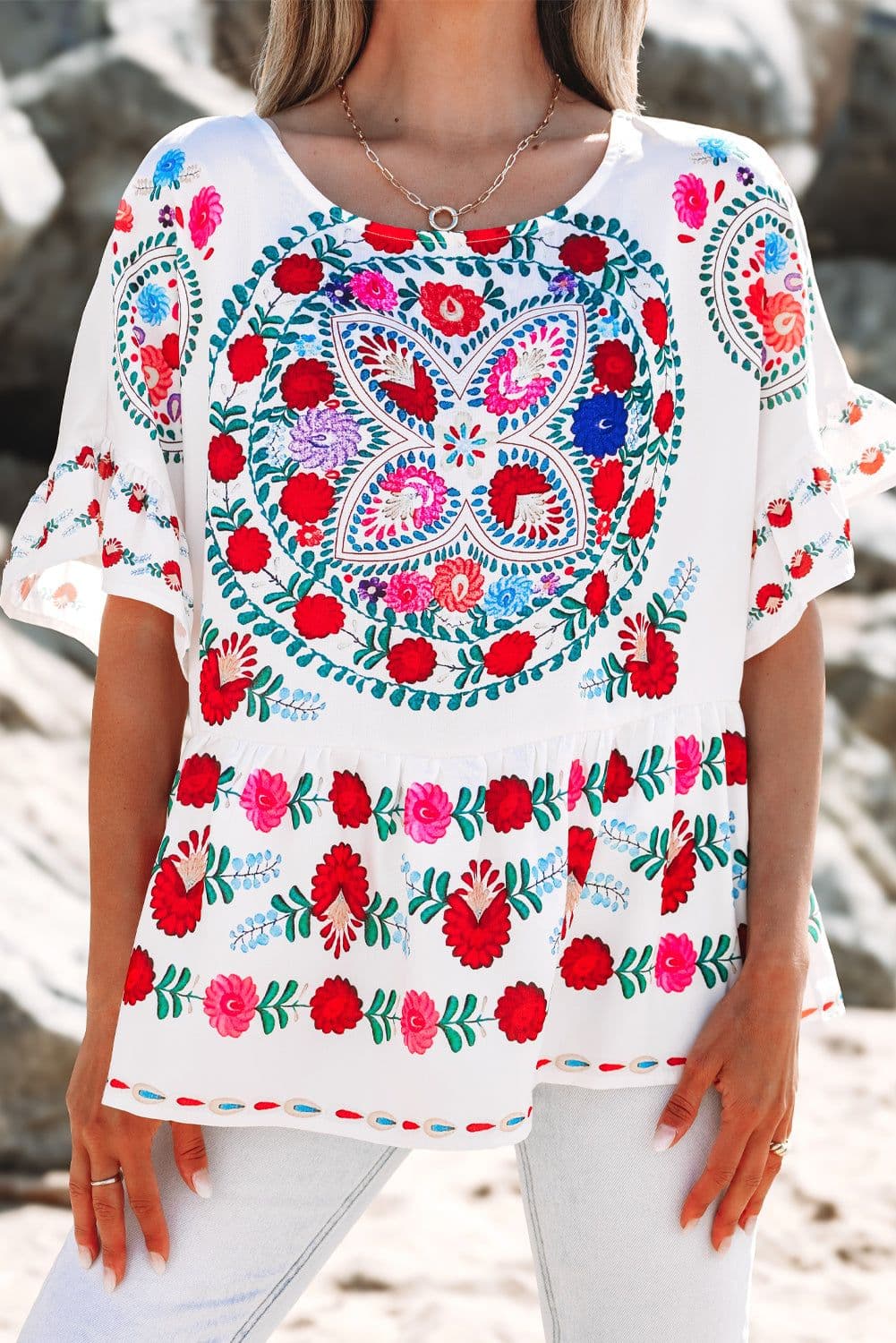 image-White Boho Floral Print Round Neck Ruffle Trim Blouse