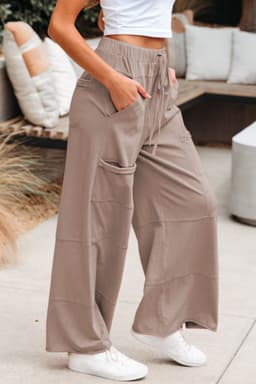 image-Smoke Gray Mineral Wash Exposed Seam Drawstring Elastic Waistband Wide Leg Cargo Pants