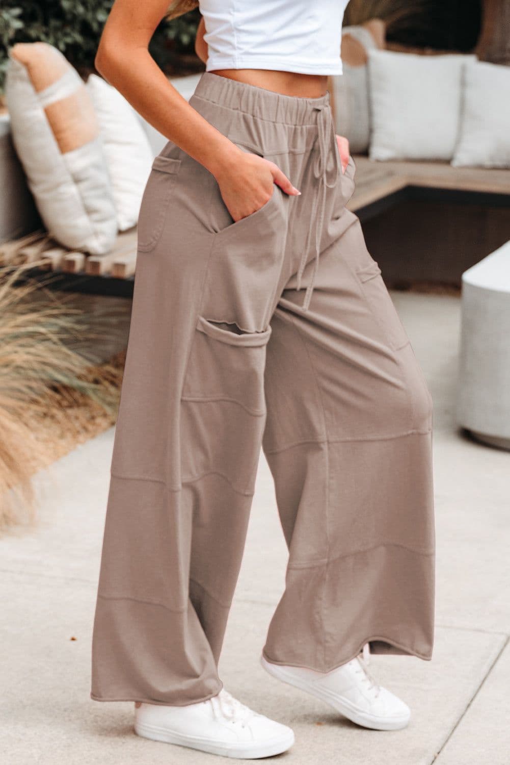 image-Smoke Gray Mineral Wash Exposed Seam Drawstring Elastic Waistband Wide Leg Cargo Pants