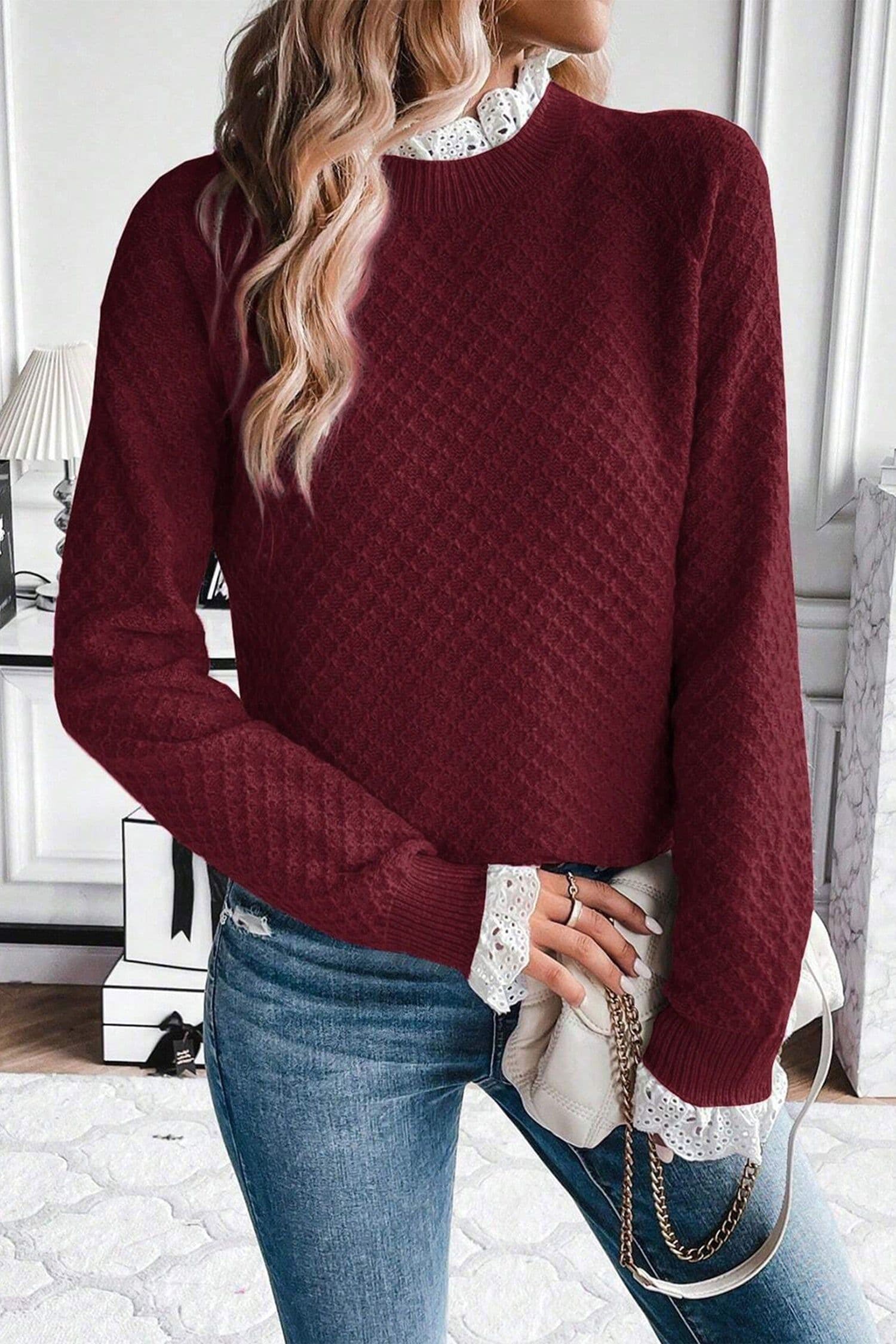 image-Burgundy Contrast Lace Frilled Trim Raglan Sleeve Sweater