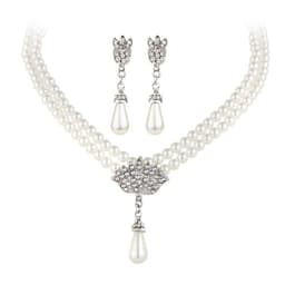 image-Jewelry Bridal Pearl Crystal Diamond Short Clavicle Neck Necklace Set
