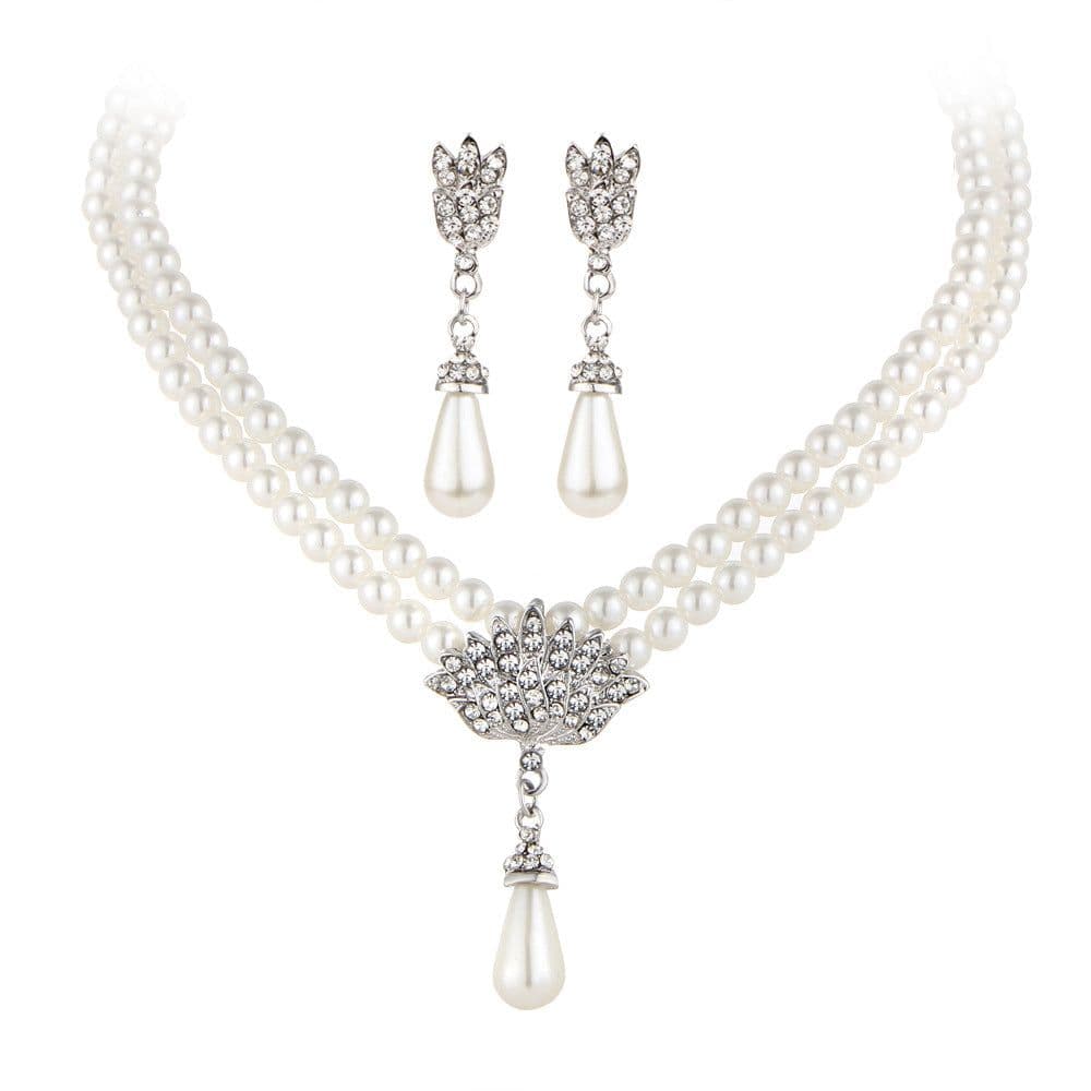 image-Jewelry Bridal Pearl Crystal Diamond Short Clavicle Neck Necklace Set