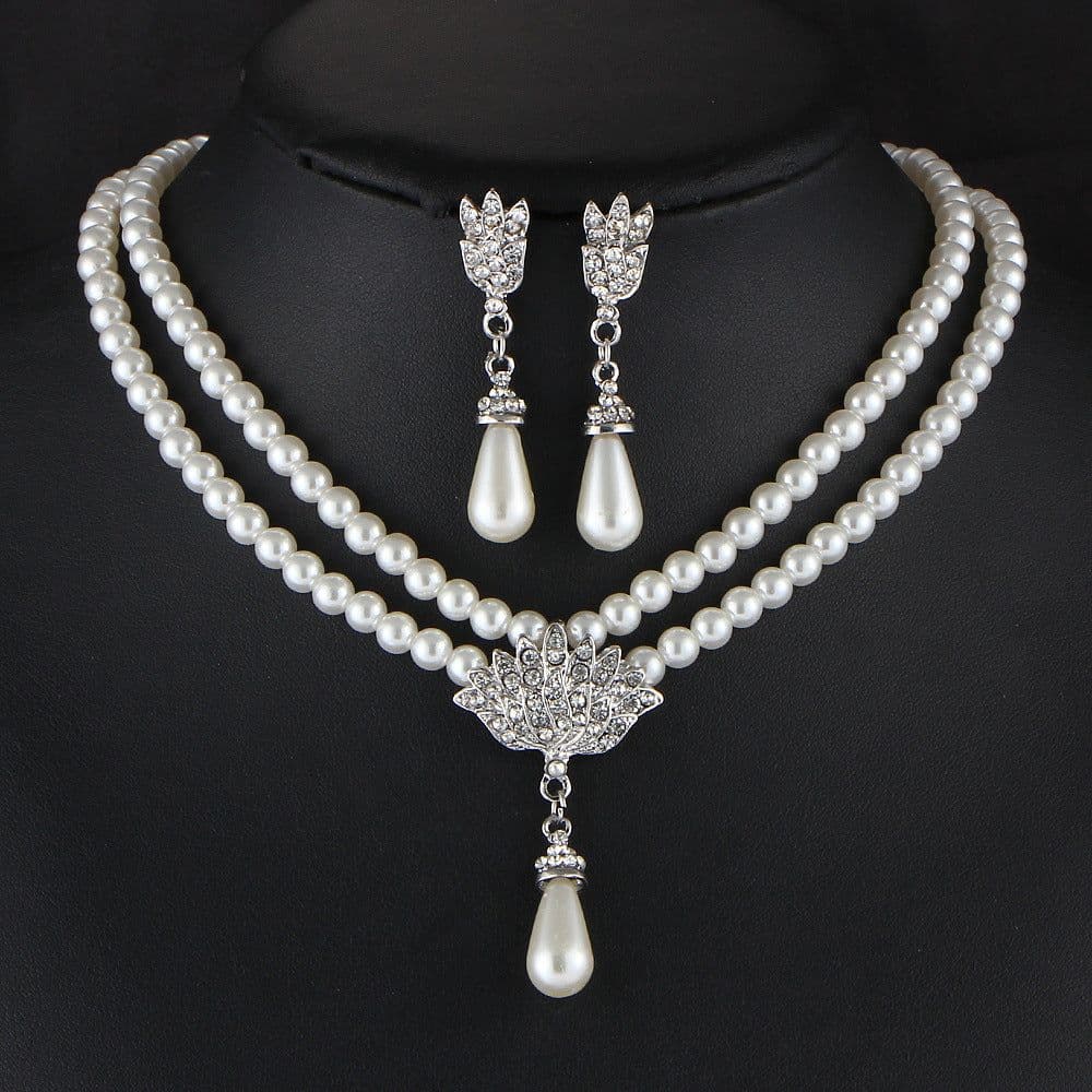 image-Jewelry Bridal Pearl Crystal Diamond Short Clavicle Neck Necklace Set
