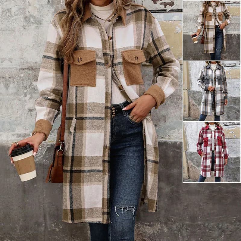 image-New Brushed Plaid Long Coat With Pockets Fashion Winter Jacket Outwear Women's Clothing