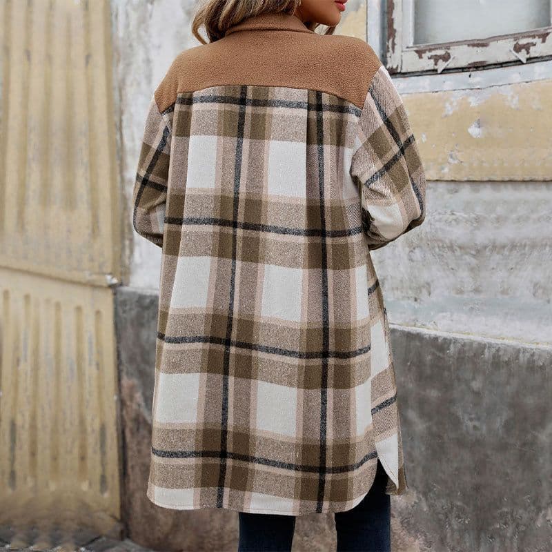 image-New Brushed Plaid Long Coat With Pockets Fashion Winter Jacket Outwear Women's Clothing