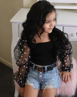 image-Children'S Clothing Cotton Dot Mesh Sleeves Striped Top Ripped Denim Shorts Kids Suit