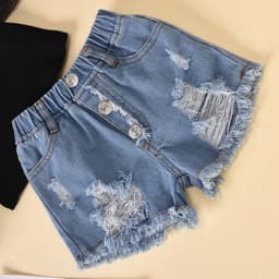 image-Children'S Clothing Cotton Dot Mesh Sleeves Striped Top Ripped Denim Shorts Kids Suit