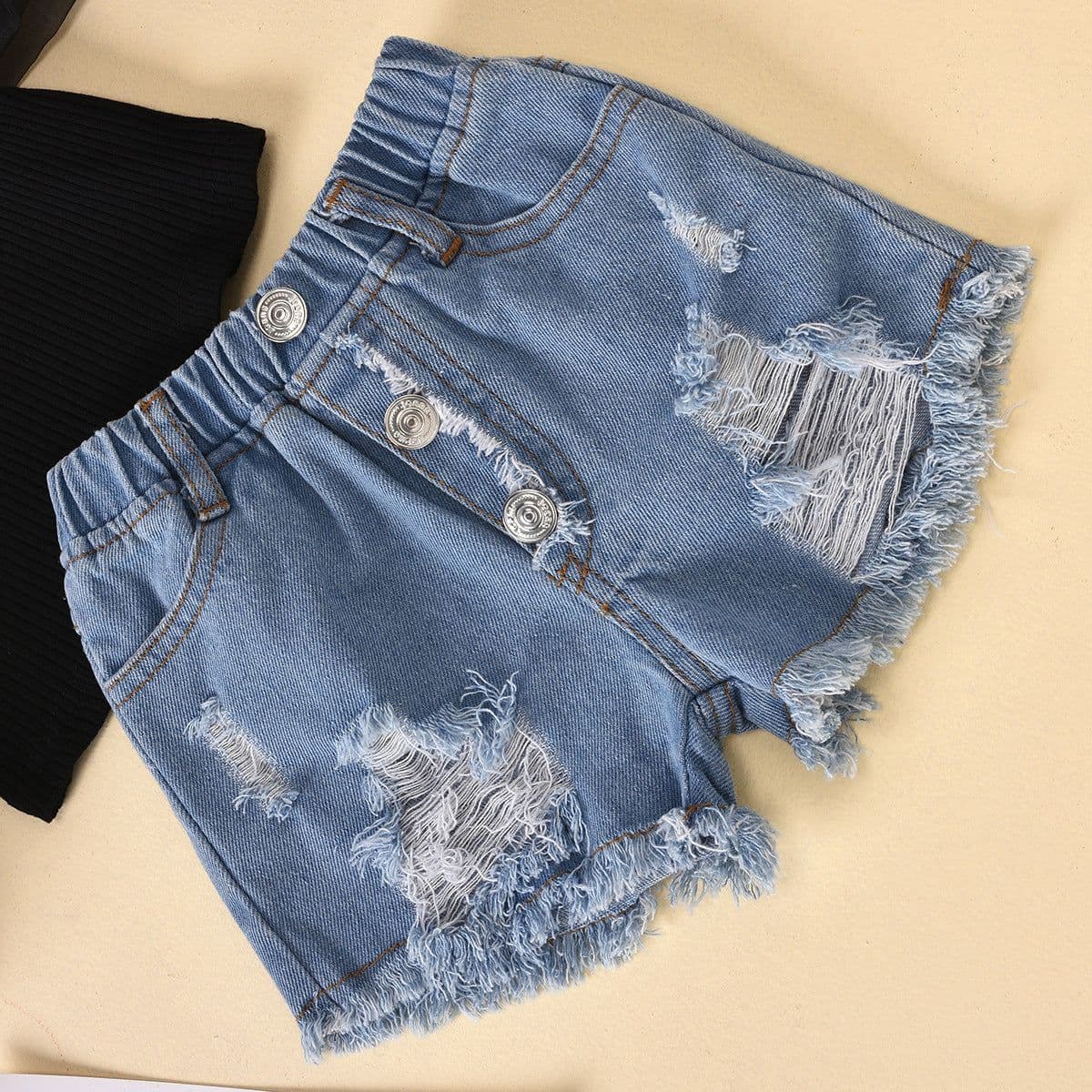 image-Children'S Clothing Cotton Dot Mesh Sleeves Striped Top Ripped Denim Shorts Kids Suit