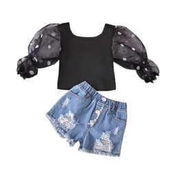 image-Children'S Clothing Cotton Dot Mesh Sleeves Striped Top Ripped Denim Shorts Kids Suit