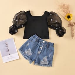 image-Children'S Clothing Cotton Dot Mesh Sleeves Striped Top Ripped Denim Shorts Kids Suit