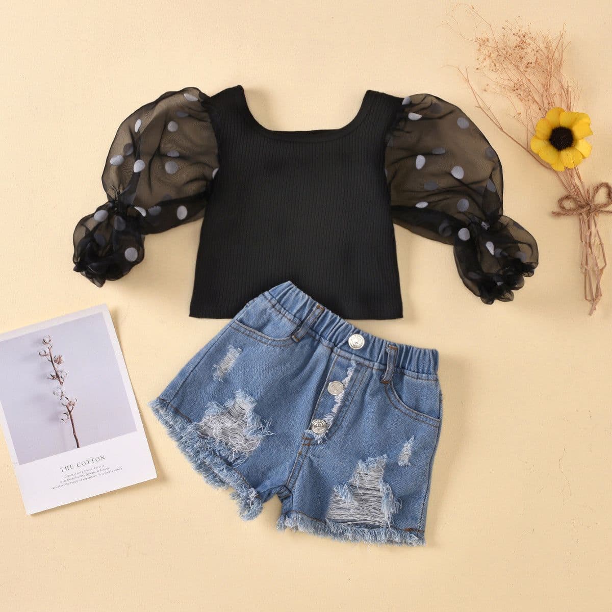 image-Children'S Clothing Cotton Dot Mesh Sleeves Striped Top Ripped Denim Shorts Kids Suit