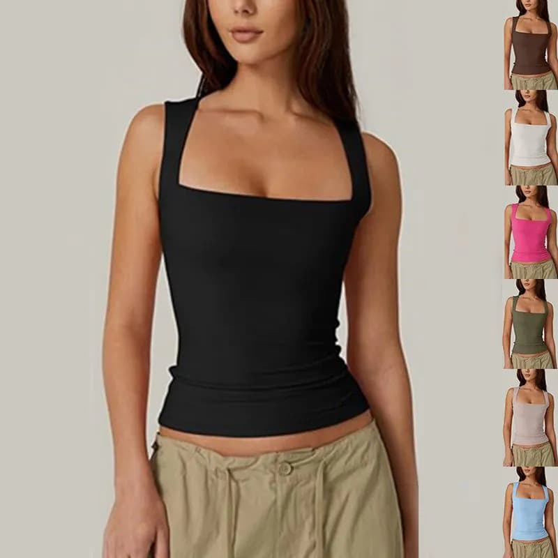 image-Summer Square-neck Tank Vest Ins Fashion Slim Solid Sleeveless Tops For Women Clothing