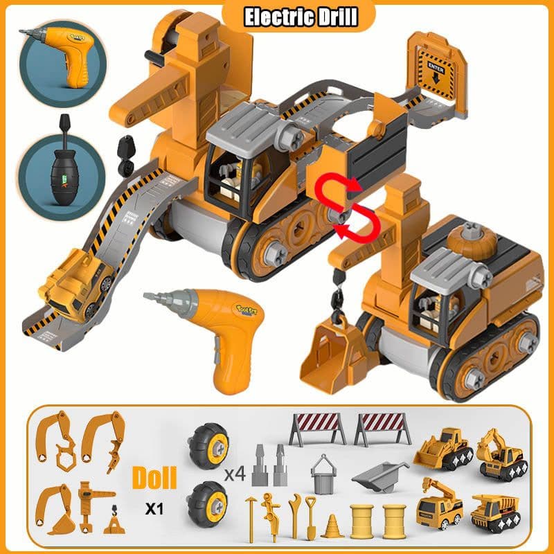 image-Disassembly And Assembly 4 In One Deformation Scene Engineering Vehicle Sliding Track Crane Excavator Toy