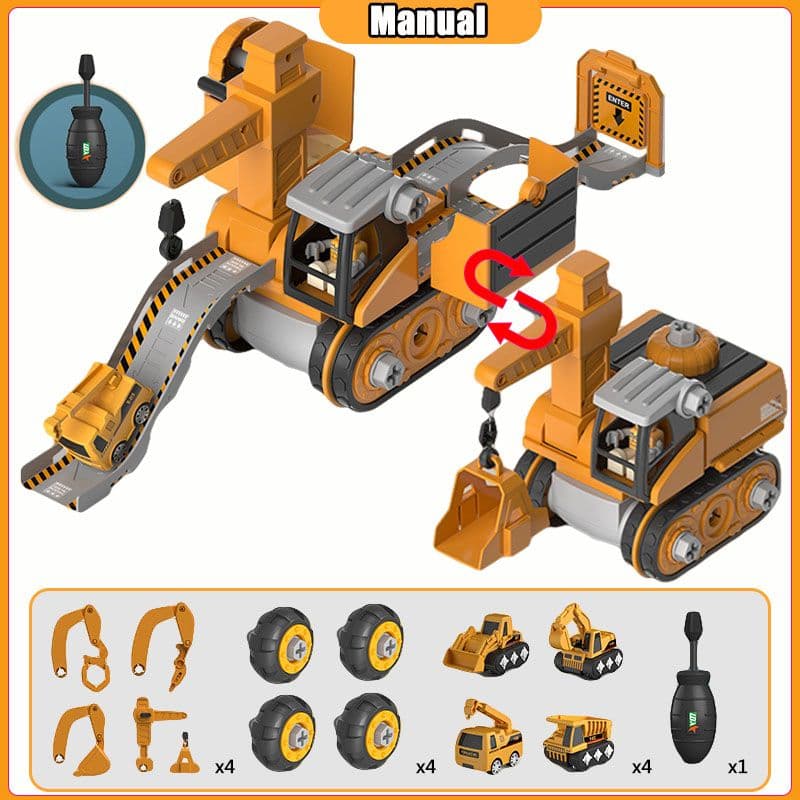 image-Disassembly And Assembly 4 In One Deformation Scene Engineering Vehicle Sliding Track Crane Excavator Toy