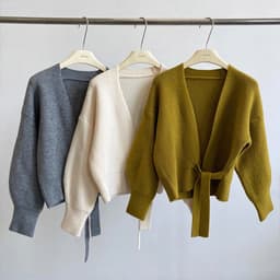 image-French Retro Knitted Cardigan Top V-neck Tie Loose Womens Sweater Coat, Handmade Spring Clothing, Womens Clothing