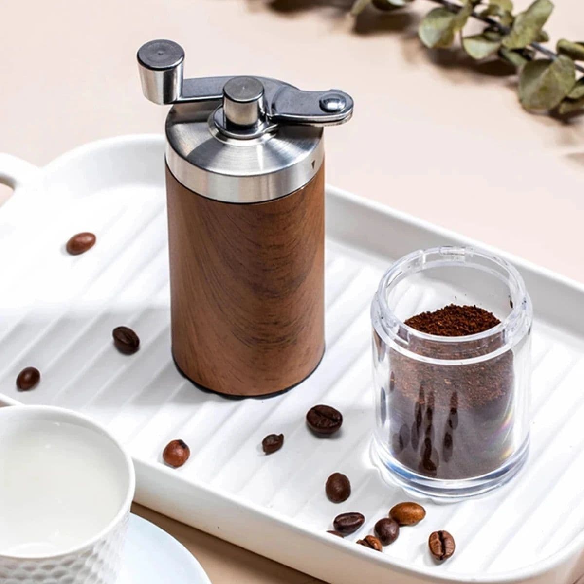 image-Coffee Bean Grinder Portable Wood Grain Stainless Steel Crank Hand Hand Coffee Grinder Kitchen Tool Grinder
