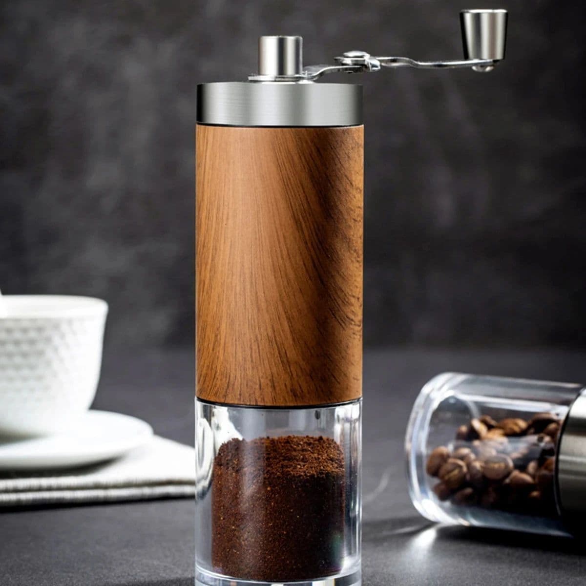 image-Coffee Bean Grinder Portable Wood Grain Stainless Steel Crank Hand Hand Coffee Grinder Kitchen Tool Grinder