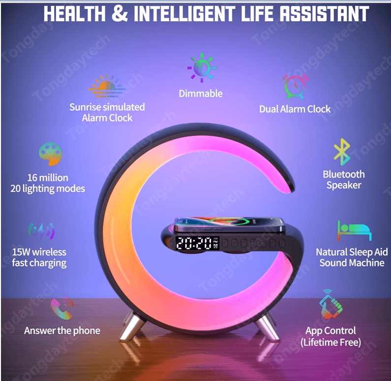 image-Big G Smart Atmosphere Light Bluetooth Speaker Wireless Charger Bedside Atmosphere Light Sunrise Wake-Up Light Moon Model