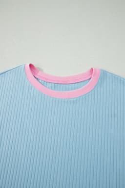 image-Aqua Soft Ribbed Color Block Trim Casual Shorts Set