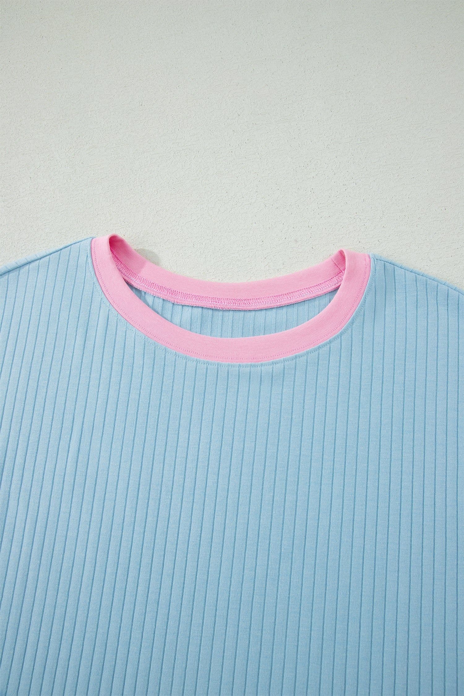 image-Aqua Soft Ribbed Color Block Trim Casual Shorts Set