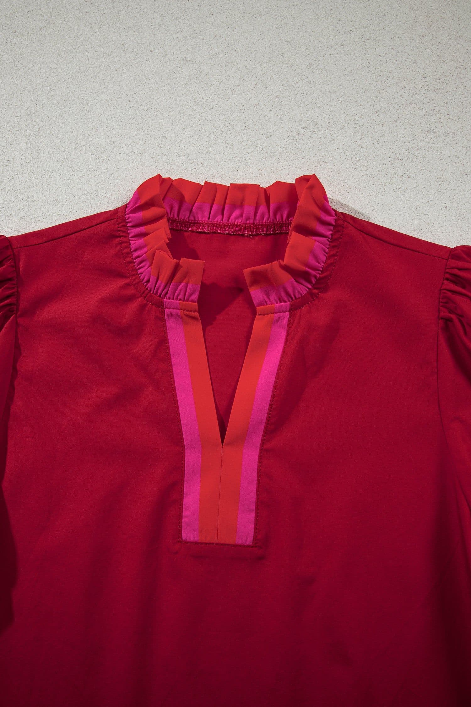 image-Fiery Red Striped Ruffled Blouse - Short Sleeve