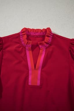image-Fiery Red Striped Frilled Collar Ruffled Short Sleeve Blouse