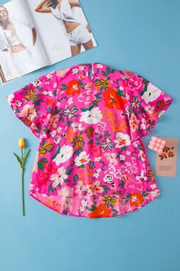 image-Pink Floral Short Sleeve Smocked Blouse