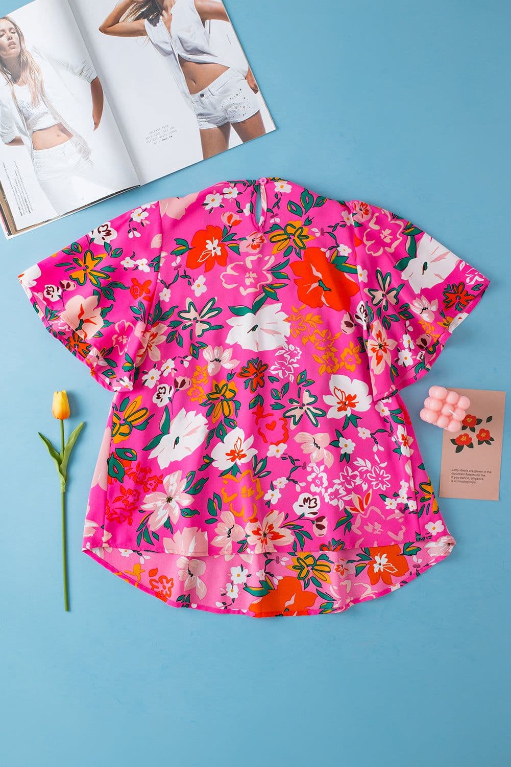 image-Pink Floral Short Sleeve Smocked Blouse
