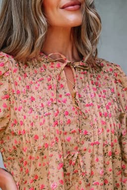 image-Light French Beige Floral Blouse - Bow Pintuck