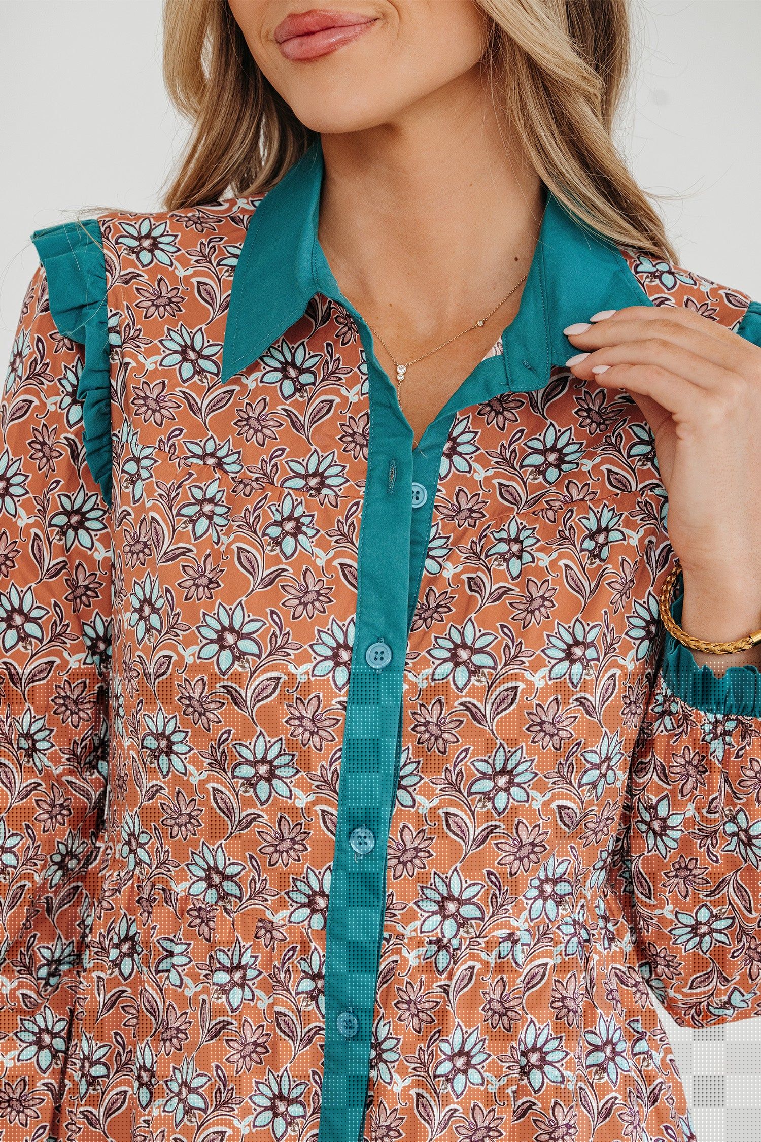image-Orange Boho Floral Contrast Collared Shirt Dress