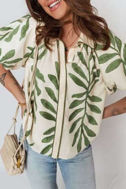 image-Green Leaf Print Short Balloon Sleeve Shirt