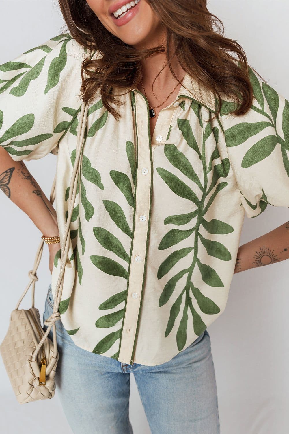 image-Green Leaf Print Short Balloon Sleeve Shirt