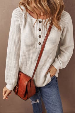 image-Oatmeal Knit Buttoned Front Raglan Loose Blouse