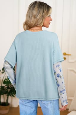 image-Beau Blue Floral Lace Waffle Patchwork Top