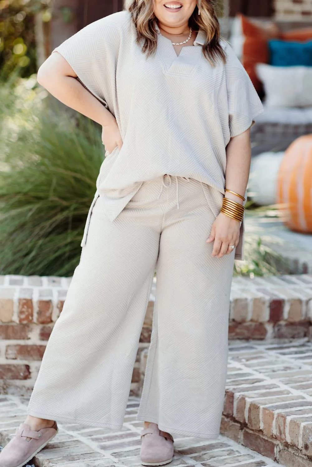 image-Beige Plus Size Textured Collared Top and Pants Set
