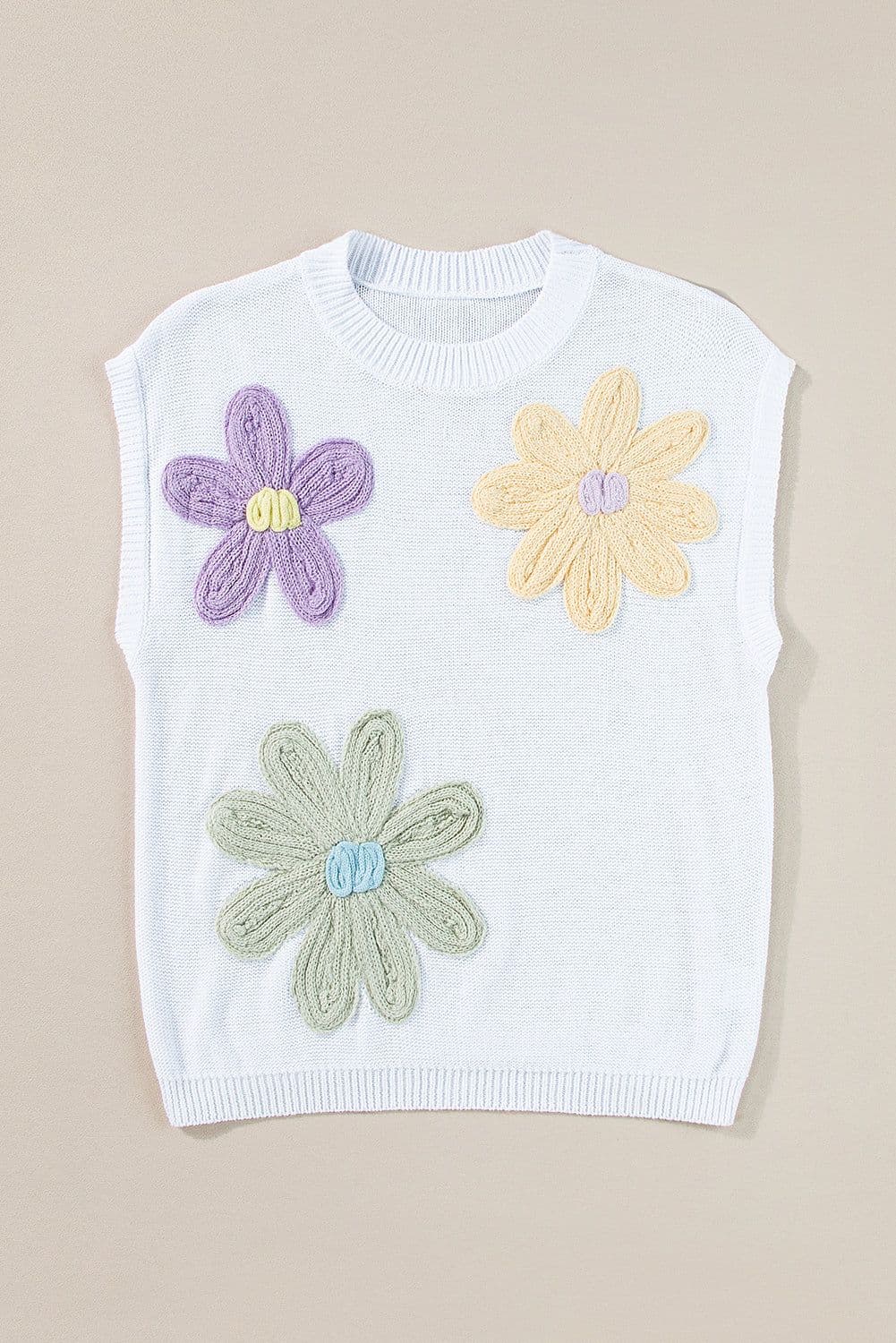 image-Crochet Flower Knit Sweater - White Short Sleeve